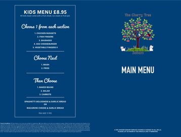 Menu with kids and main sections featuring food choices and a tree graphic.