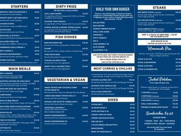 Image of a detailed restaurant menu with categories like Starters, Main Meals, Fish Dishes, Vegetarian &amp; Vegan, Dirty Fries, Burgers, Steaks, and Sides.