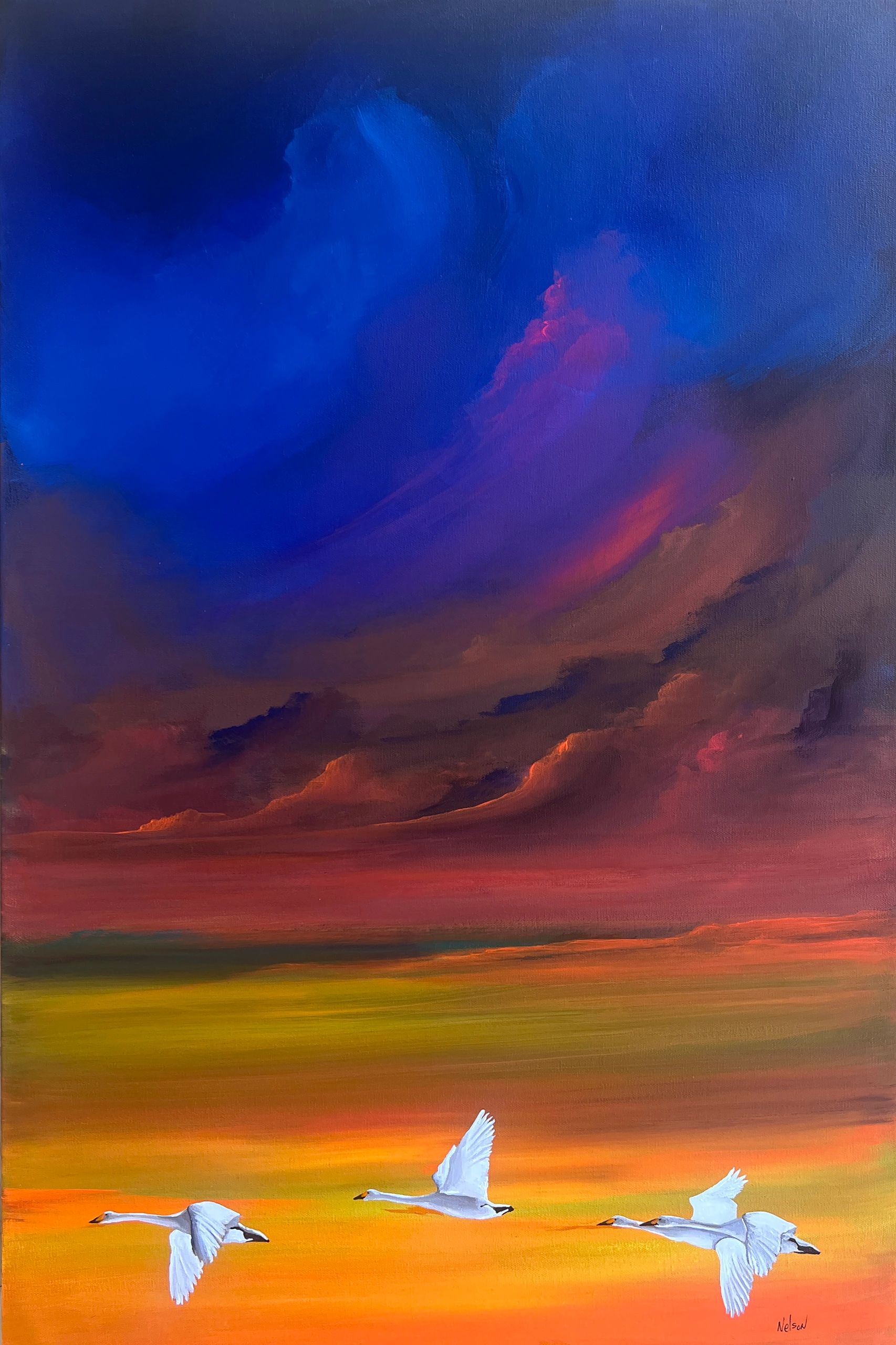 White birds flying against a vibrant sunset sky with dramatic clouds.
