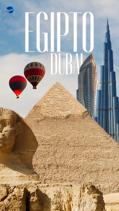 Hot air balloons over pyramids and Dubai skyscrapers.