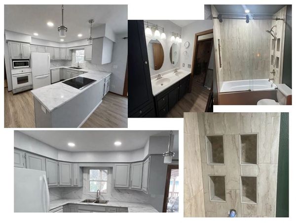 Modern kitchen and bathroom with marble surfaces and sleek fixtures.