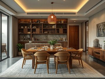 Modern dining room with wooden furniture and warm lighting.