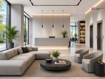 Modern reception area with sleek furniture and plants.