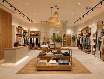 Stylish clothing store interior with warm lighting.