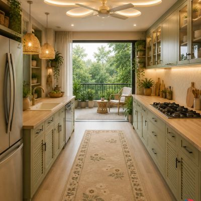 Cozy kitchen with green cabinets and balcony view.