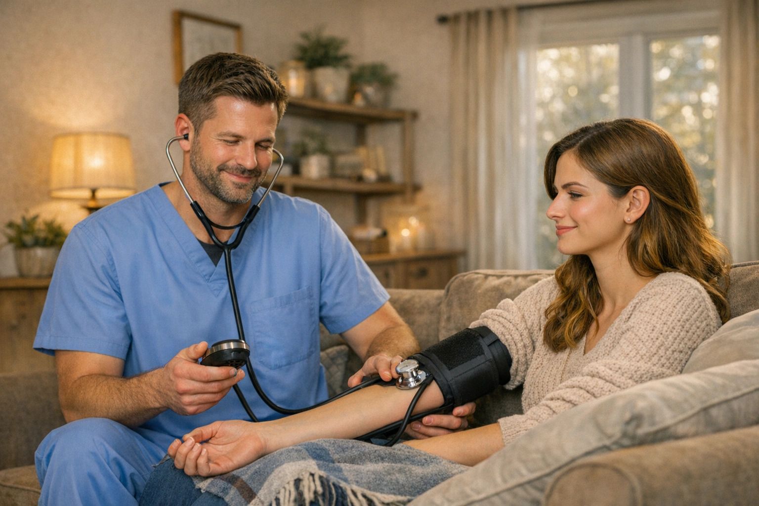 Nurse measuring blood pressure of a woman at home with a smile.