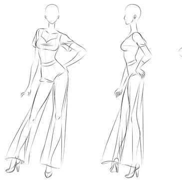 Three fashion figure sketches showcasing a flowing outfit from front, side, and back views.