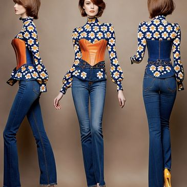 Model showcases a floral top with orange corset and blue jeans from three angles.