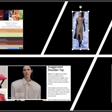 Fashion trend presentation showcasing autumn/winter key colors and exaggerated shoulder tops.