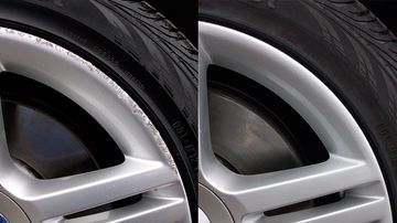 Before and after images of a car rim showing damage repair.