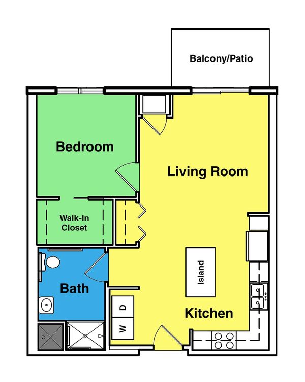 One-bedroom apartment floor plan with kitchen, living room, bath, and balcony.