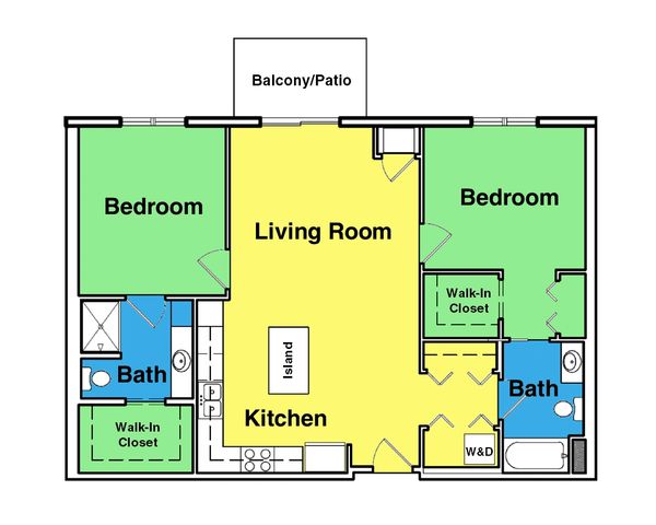 Two-bedroom apartment floor plan with living room, kitchen, two bathrooms, and balcony.