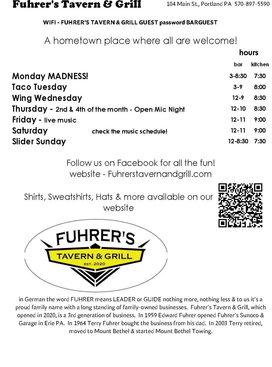 Fuhrer's Tavern &amp; Grill in Portland, PA, offers daily specials and live music with a family-owned legacy since 2020.