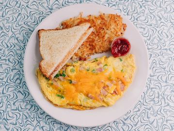 The Denver Omelet with hash browns and toast