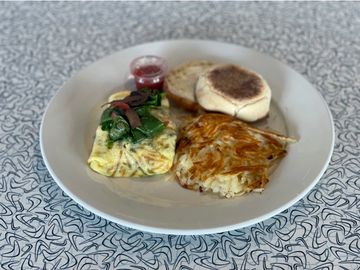 The Garden Omelet with hash browns and toast