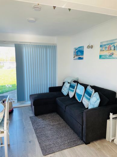 Cozy living room with black sofa, blue-themed cushions, and vertical blinds.