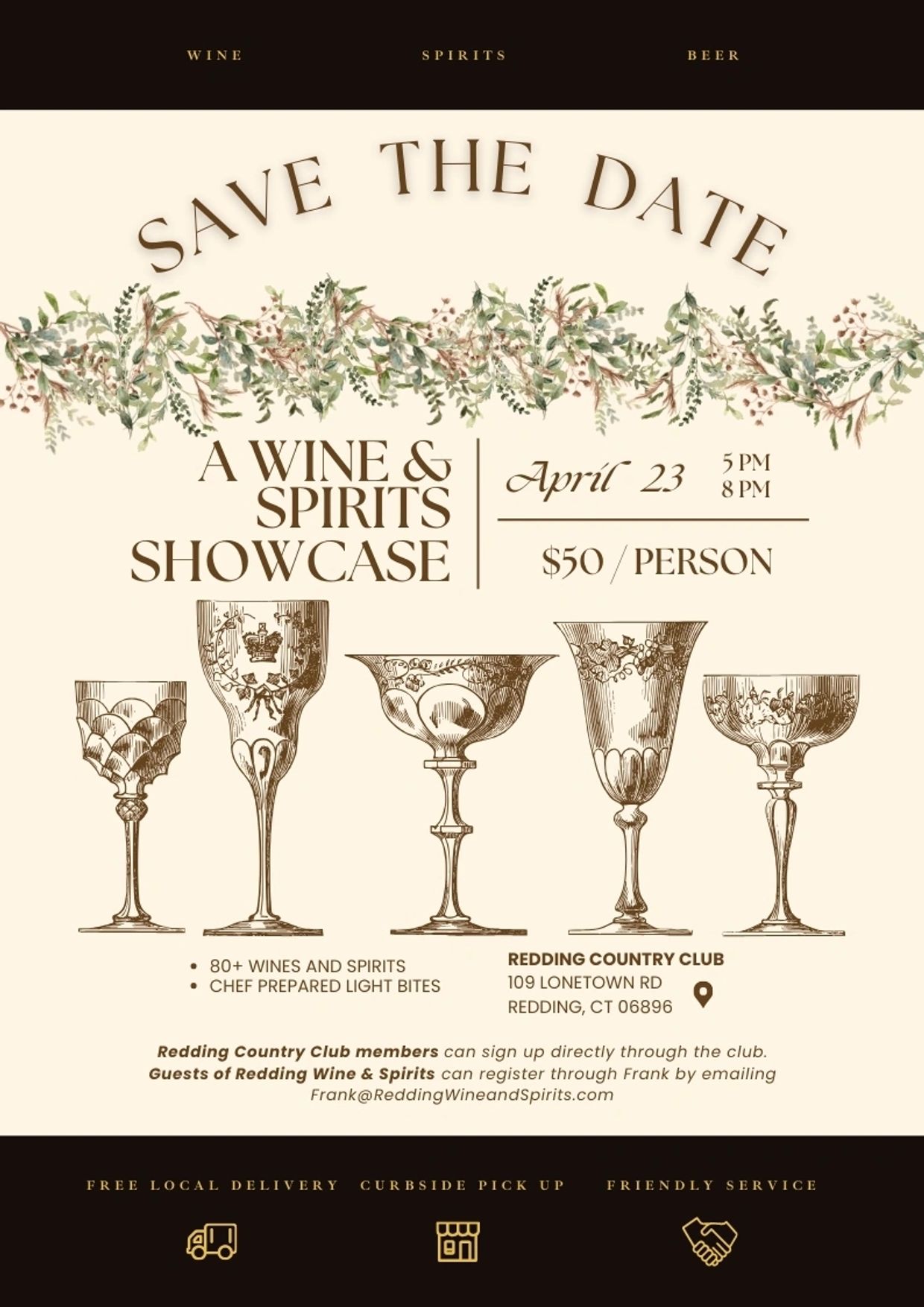 April 23 5:00pm-8:00pm 
$50 per person

Redding Country Club members can sign up directly through th