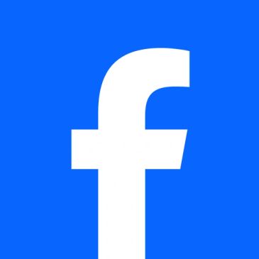 White Facebook logo on a blue background.