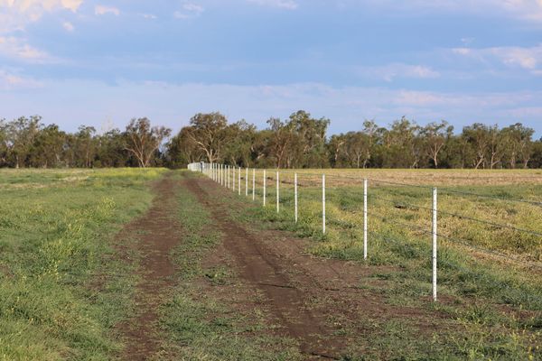 A dirt path runs alongside a wire fence in a rural field under a blue sky.