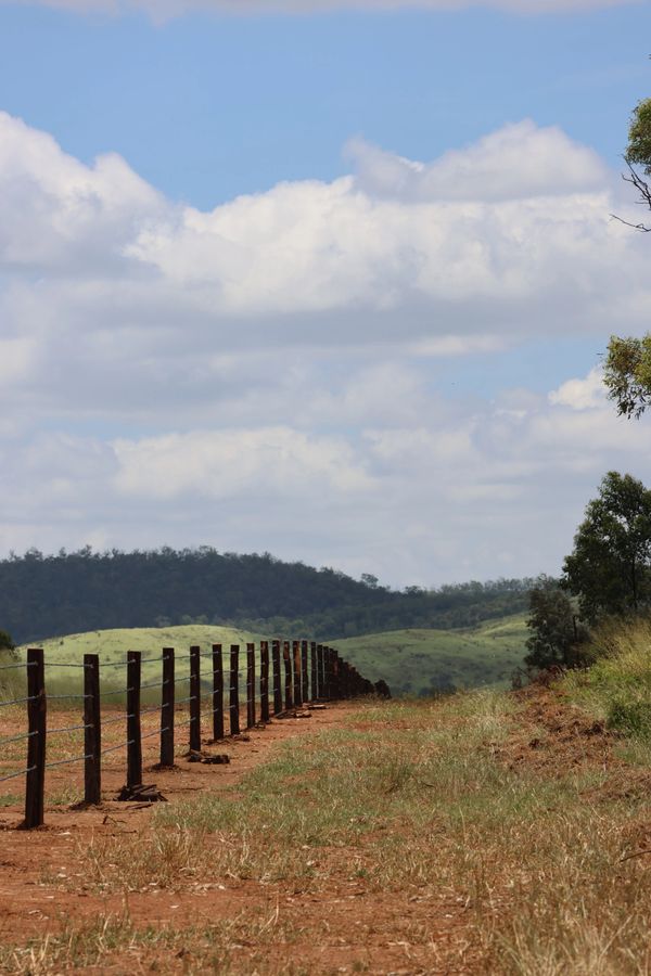 Rustic fence line along a dirt path with green hills and cloudy sky.