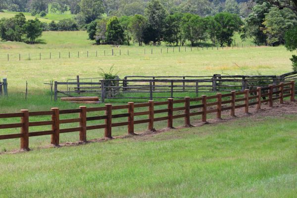 A long wooden fence runs through a green grassy field with trees in the background.