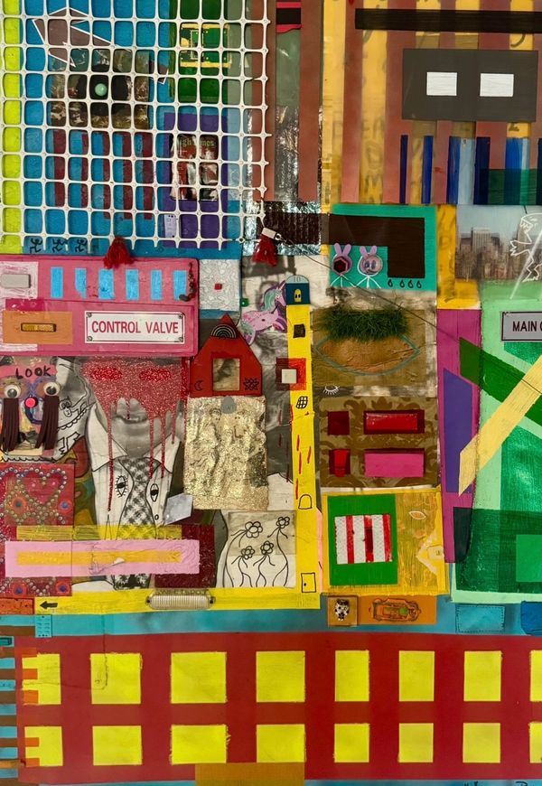 Colorful and eclectic mixed-media collage with various textures and labels.