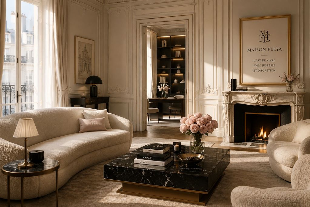 Salon élégant avec canapé crème et cheminée allumée.