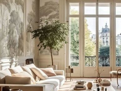 Elegant living room with large windows and a cozy sofa.