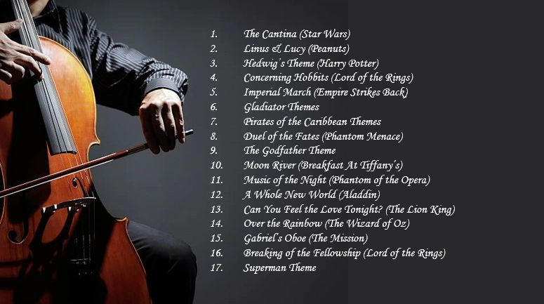 Person playing a cello with a list of famous music themes.
