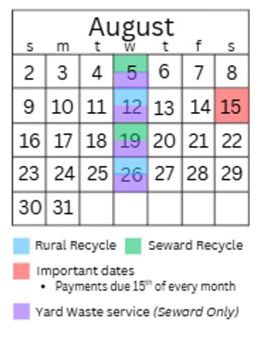 August recycling and yard waste schedule with payment due.