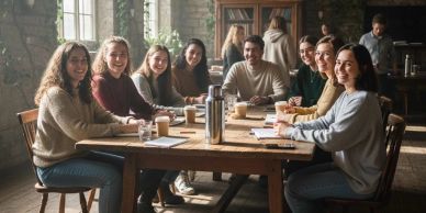 A group of young people sitting around a table in a cozy café, smiling and enjoying drinks.