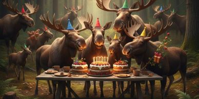 Moose wearing party hats celebrating a birthday with cakes in a forest.
