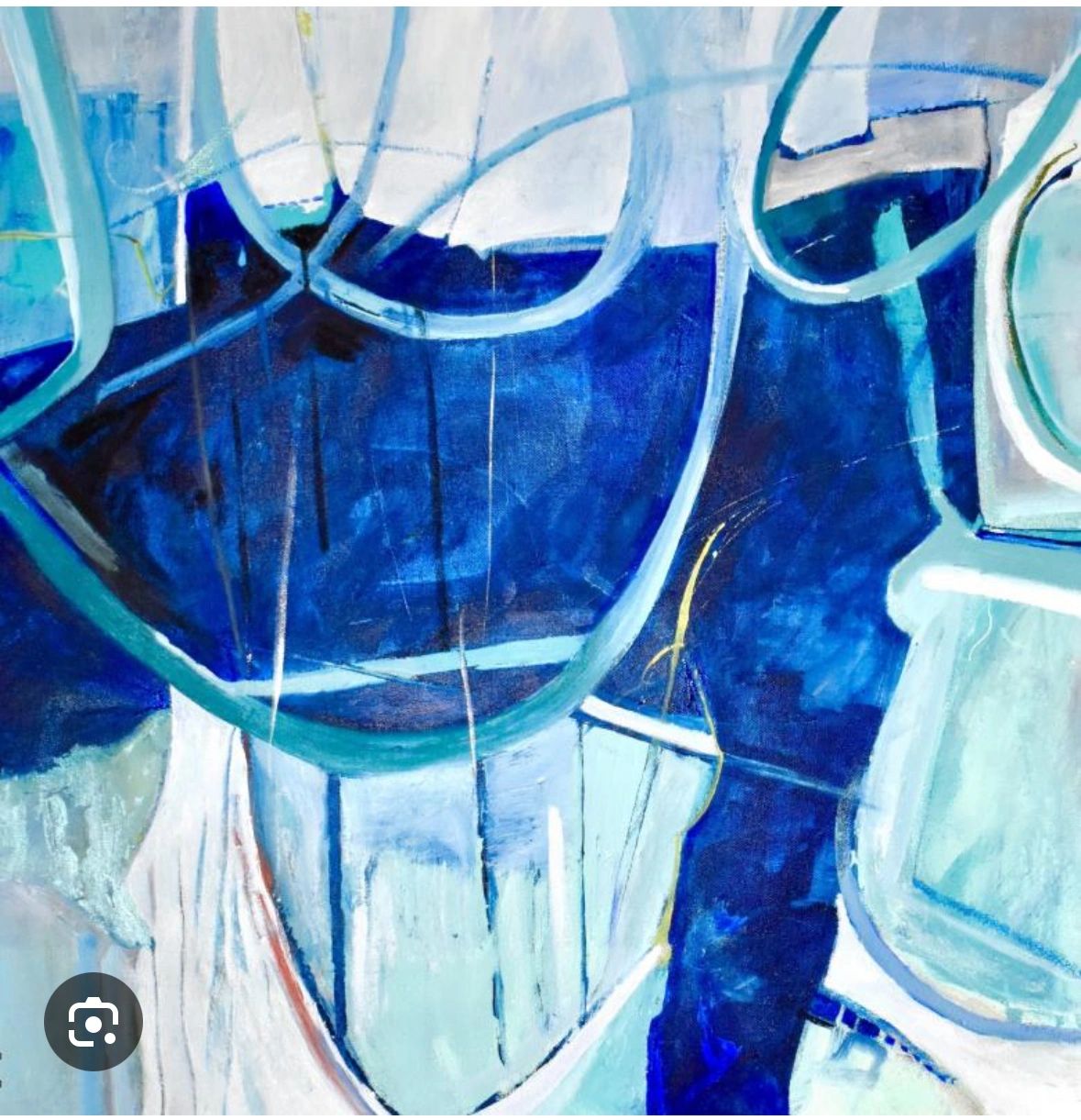 Abstract painting with shades of blue and white.