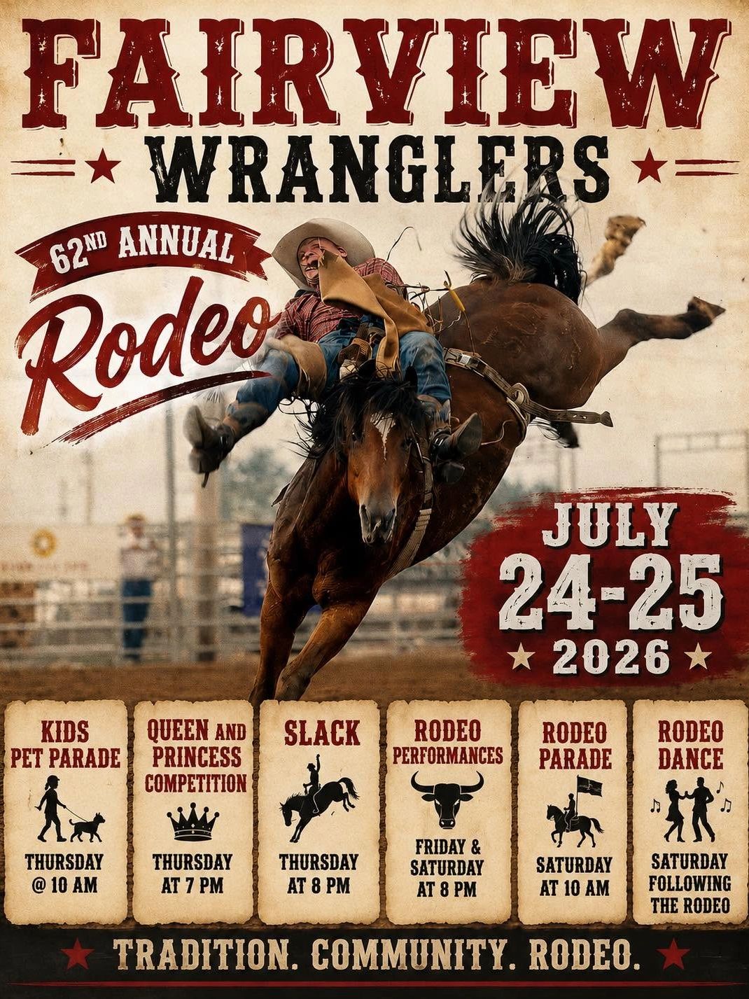 Poster for Fairview Wranglers 62nd Annual Rodeo, July 24-25, 2026.
