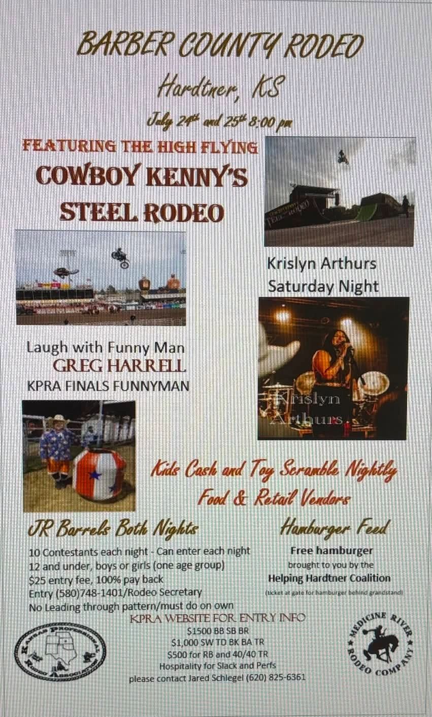 Barber County Rodeo event in Hardtner, KS, featuring Cowboy Kenny's Steel Rodeo and live entertainment.