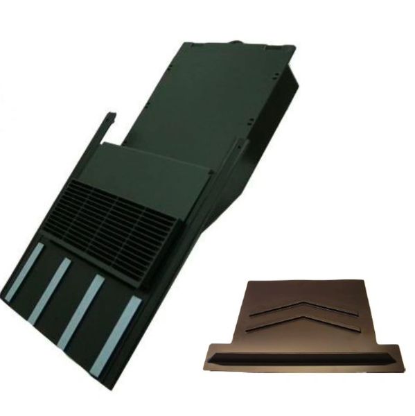 Two black plastic parts, one angled with vent-like slats, the other flat with chevron patterns.