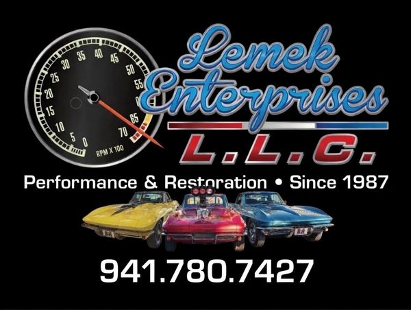 Logo for Lemek Enterprises LLC specializing in car performance and restoration since 1987.