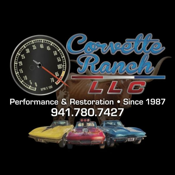 Logo for Corvette Ranch LLC with classic cars and tachometer.