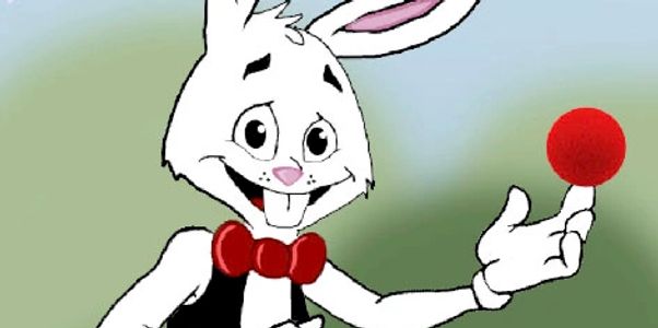 Cartooon rabbit throwing a red ball. 