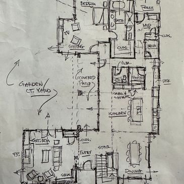 Hand-drawn floor plan sketch showing rooms, garden, and furniture layout.