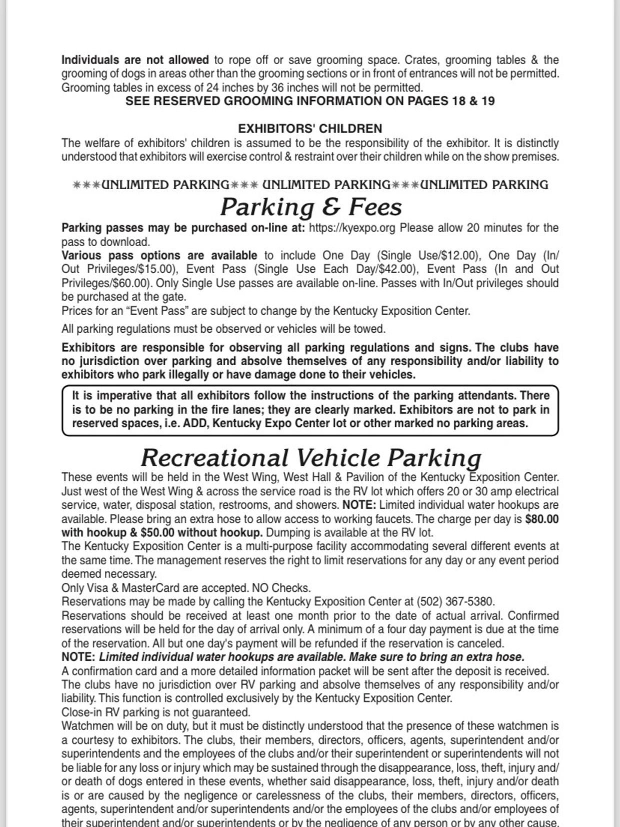 Parking and fee information for exhibitors at Kentucky Exposition Center.
