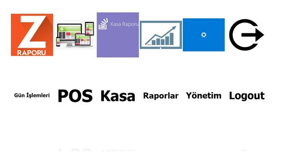 User interface with icons and menu options for POS, reports, management, and logout.