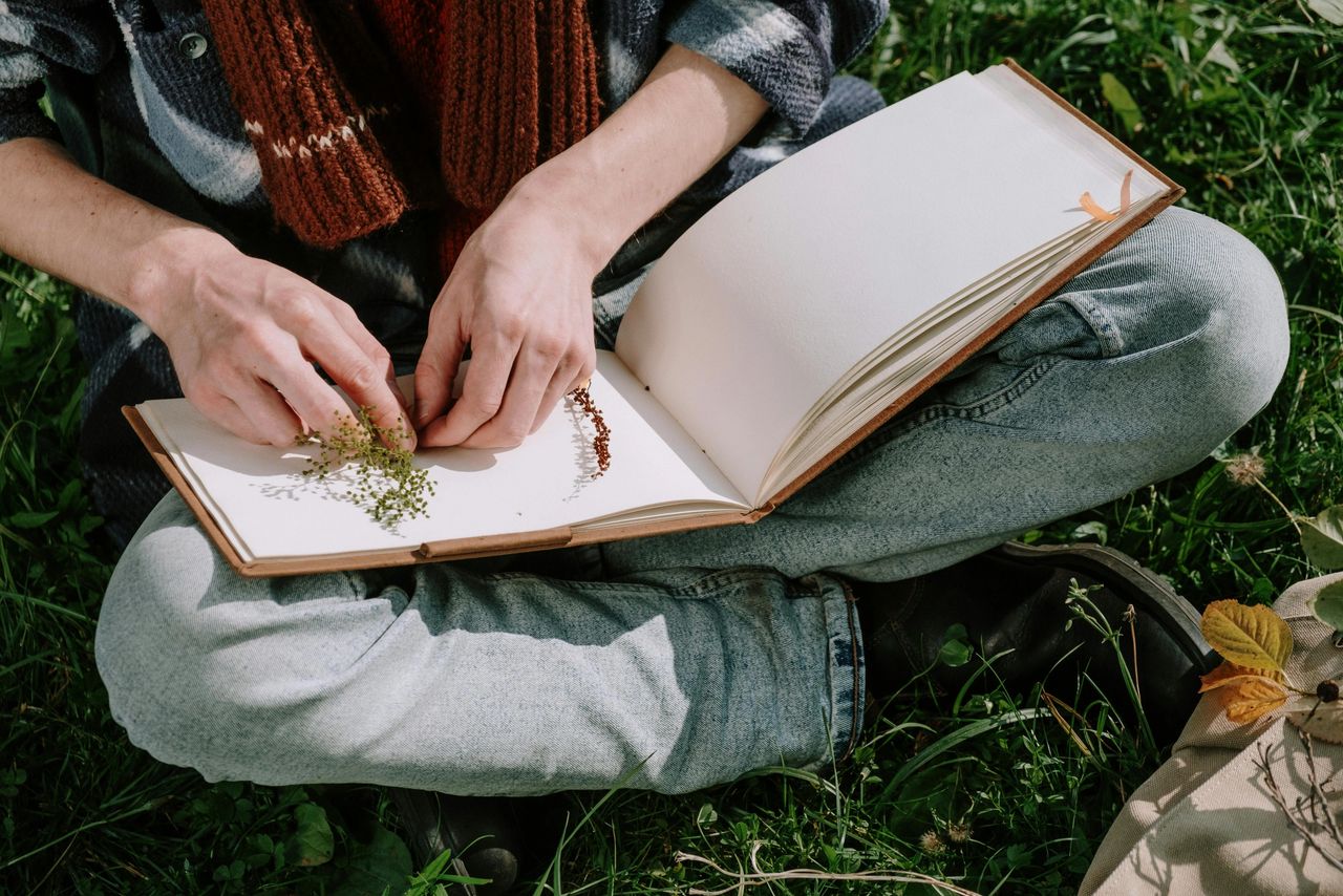 person-in-red-sweater-holding-white-book-with-flowers person-in-red-sweater-holding-white-book-with-flowers