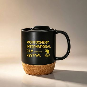 Black mug with cork base and festival logo.