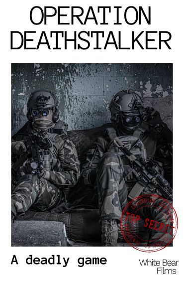 Two soldiers in combat gear and night vision goggles crouch with rifles in a dark, distressed room. 