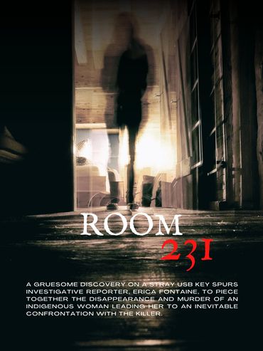 A shadowy figure stands at the end of a dimly lit corridor with wooden walls. Below, the movie title