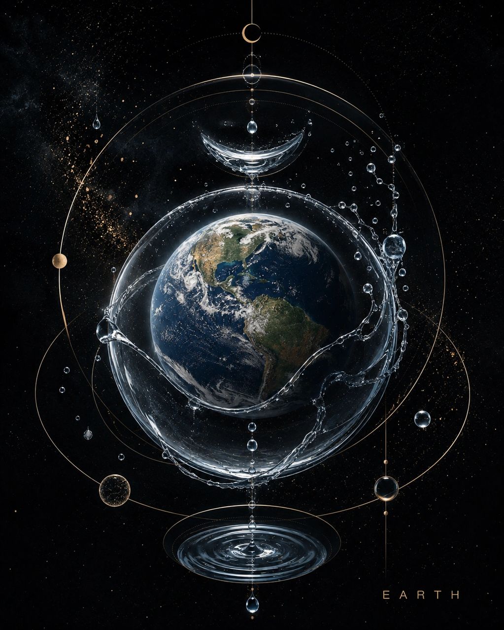 EARTH 01 Conceptual artwork of the planet suspended within water, orbital geometry and gold detailin