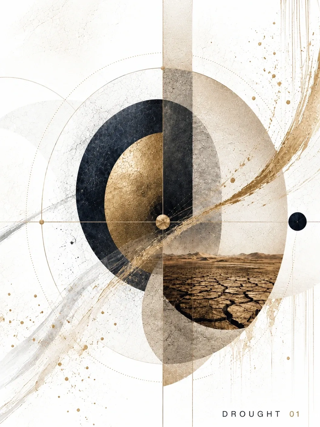 DROUGHT 01  Abstract artwork combining cracked earth, geometric forms and gold detailing.