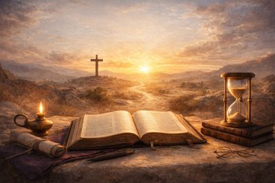 A serene sunset with an open Bible, hourglass, and cross in the distance.