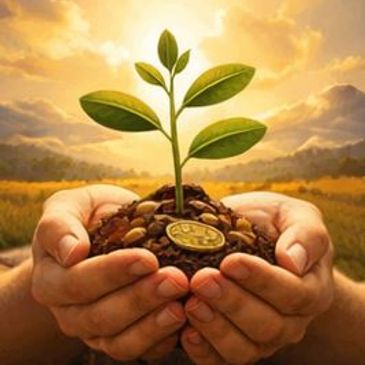 Hands holding soil with a growing plant and a Bitcoin coin.